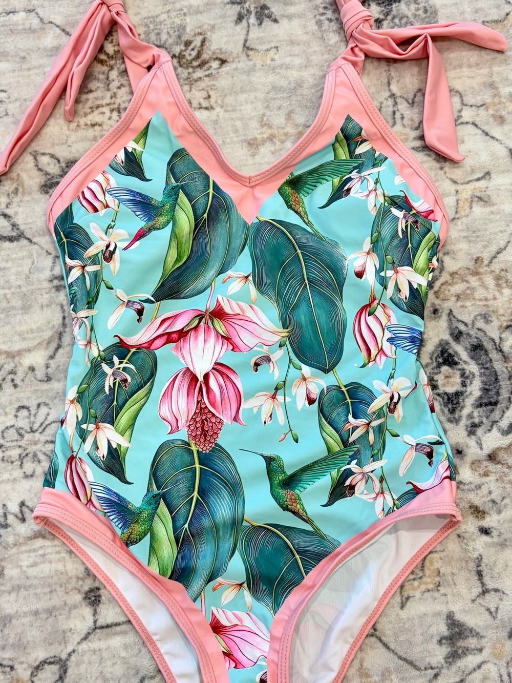 ' Tropical One-Piece Swimsuit - Pink Trim with cover skirt.new w/out tags